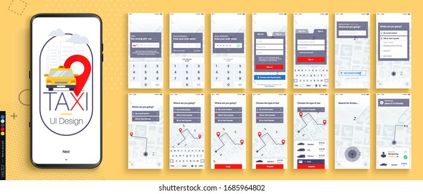 Design of the Mobile Application, UI, UX. Set of GUI Screens Taxi App with Login and Password input, and screens with Taxi Orders and Car Navigation in the City