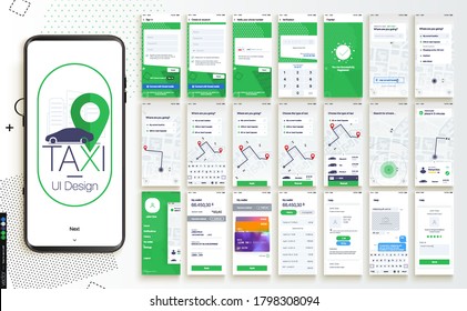 Design of the Mobile Application, UI, UX. Set of GUI Screens with Login and Password input, and screens with Taxi Orders and Car Navigation in the City