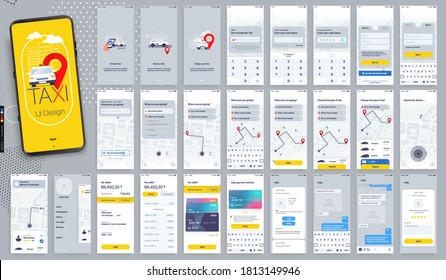 Diseño de la aplicación móvil, UI, UX. Conjunto de pantallas de interfaz de usuario con entrada de usuario y contraseña, y pantallas con pedidos de taxi y navegación de coches en la ciudad