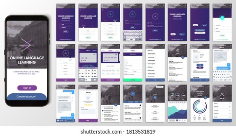 Design of the mobile application, UI, UX. A set of GUI screens with login and password input, home page, news feed, rating and statistics, settings and payment screens. Vector illustration, EPS10.