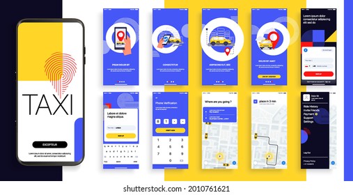 Design of the Mobile Application, UI, UX. Set of GUI Screens Taxi App with Login and Password input, and screens with Taxi Orders and Car Navigation in the City