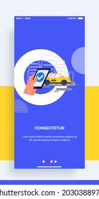 Design der mobilen Anwendung, Benutzeroberfläche, UX. GUI Taxi App mit Eingabe von Login und Passwort und Bildschirmen mit Taxi-Ordern und Autonavigation in der Stadt. GUI ab Nr. 1