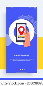 Design of the Mobile Application, UI, UX. GUI Taxi App with Login and Password input, and screens with Taxi Orders and Car Navigation in the City. GUI from set №1