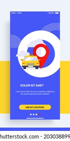 Design of the Mobile Application, UI, UX. GUI Taxi App with Login and Password input, and screens with Taxi Orders and Car Navigation in the City. GUI from set №1