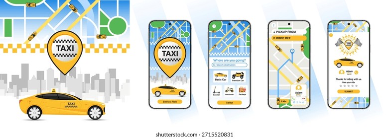 Entwurf der mobilen Anwendung, Benutzeroberfläche, UX. Set von GUI Bildschirme Taxi-App und Bildschirme mit Taxi-Aufträge und Auto-Navigation in der Stadt
