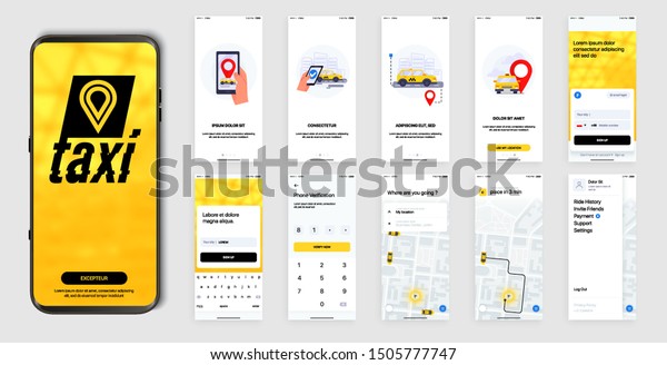 Design of the Mobile Application, UI, UX. Set\
of GUI Screens with Login and Password input, and screens with Taxi\
Orders and Car Navigation in the\
City