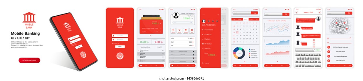 Design Mobile Banking App. UI, UX, KIT. Mockups screens for mobile banking or website with different GUI(Login, payment detailed data statistics, money transfers and transactions, chat support, map)