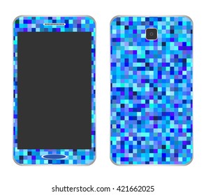 Design mobile phone from the outer wrapper of blue color pixels from the camera at the back with a large display and speaker front on a white background