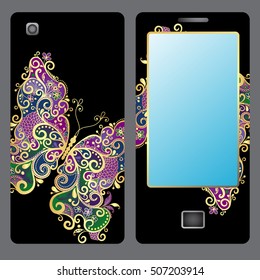 Design for a mobile phone with a vintage gold plated butterfly, vector