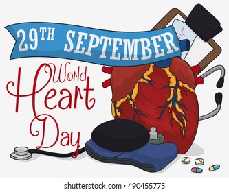 Design with a model of human heart with sphygmomanometer, stethoscope, pills, ribbon with reminder date, clipboard and cardiogram in commemoration for World Heart Day.
