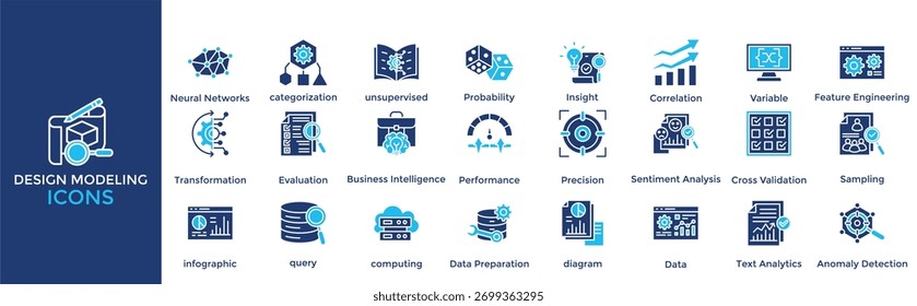 design Modeling icon set. Containing  categorization, unsupervised, Probability, Insight, Correlation