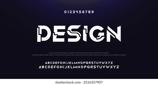 Diseño Fuente digital abstracta moderna del alfabeto. Tipografía de tecnología mínima, fuente futurista de moda deportiva urbana creativa y con números. Ilustración vectorial.