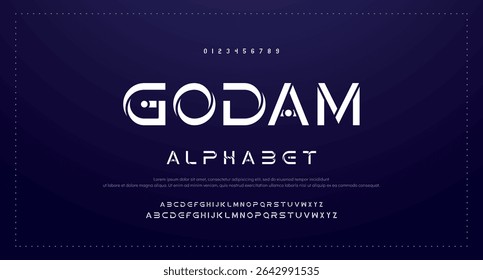 Design Fonte em alfabeto digital abstrata moderna. Tipografia de tecnologia mínima, fonte futurista da moda do esporte urbano criativo e com números. ilustração vetorial.