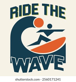  Design a modern, abstract logo with geometric shapes depicting a surfer and wave, featuring the text "Ride the Wave" in bold, sans-serif font with a blue and orange color scheme.