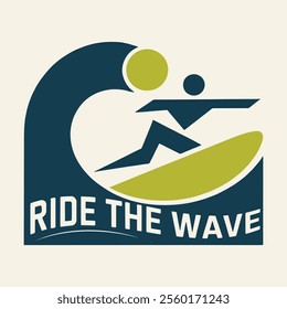  Design a modern, abstract logo with geometric shapes depicting a surfer and wave, featuring the text "Ride the Wave" in bold, sans-serif font with a blue and orange color scheme.