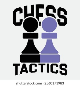 Design a modern, abstract logo with geometric shapes representing a chess piece and chessboard. Include the text "Chess Tactics" in bold, sans-serif font with black and yellow colors.