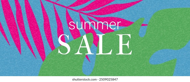 Design Modern Background Summer Sale. Minimalistic Bright horizontal Banner with tropical abstract Leaves. Concept Template for sale, horizontal poster, header, cover, social media, fashion ads.