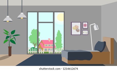 Design of modern bedroom with large panoramic window. Vector Illustration