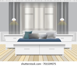 A design of the modern bedroom. Vector illustration in flat minimalistic style, for website banner or another design production.