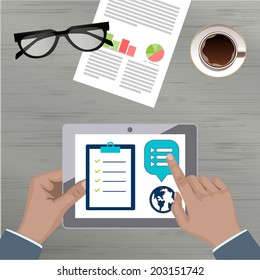 Design modern concept background illustration vector workspace online sales, trades and sales. Top View desktop background with the tablet, digital devices and Statistics.