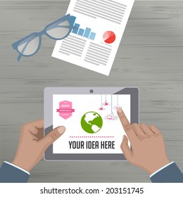 Design modern concept background illustration vector workspace online sales, trades and sales. Top View desktop background with the tablet, digital devices and Statistics.