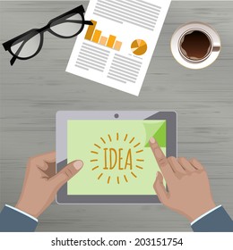 Design modern concept background illustration vector workspace online sales, trades and sales. Top View desktop background with the tablet, digital devices and Statistics.