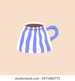 Design of modern cup with tapering to the top shape. Stylish mug with blue vertical stripe pattern. Cute teacup of coffee, tea, drinks, beverages in minimal style. Flat isolated vector illustration