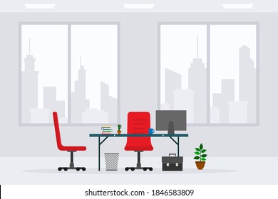 Design Of Modern Empty Business Office Working Place Front View Vector Illustration. Flat Style Table, Desk, Red Chair, Computer, Desktop, Briefcase, Trash Bin Isolated On Cityscape Silhouette