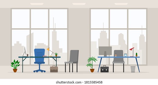 Design of modern empty office work place front view vector illustration. Cartoon table, desk, chair, computer, building, desktop, lamp, big window isolated on cityscape