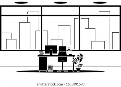 Design Of Modern Empty Office Working Place Front View Vector Illustration. Table, Desk, Chair, Computer, Desktop, Books, Plant, Lamp, Trash Bin Isolated Black And White Silhouette