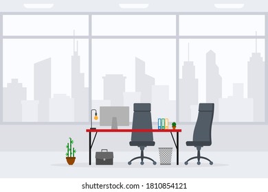 Design of modern empty office working place front, side view vector illustration. Flat style table, desk, gray chair, computer, desktop, plant, trash bin isolated on cityscape silhouette