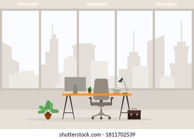 Design Of Modern Empty Office Working Place Front View Vector Illustration. Flat Style Table, Desk, Light Gray Chair, Computer, Desktop, Plant, Lamp, Trash Bin Isolated On Cityscape Silhouette