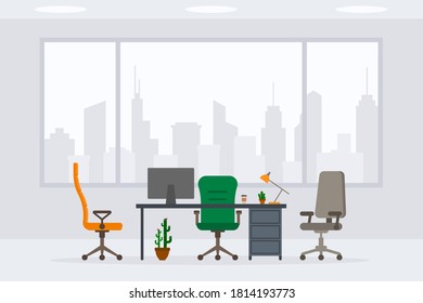 Design of modern empty office working place front view vector illustration. Flat style table, desk, chair, computer, desktop, plant, lamp, cactus isolated on cityscape silhouette