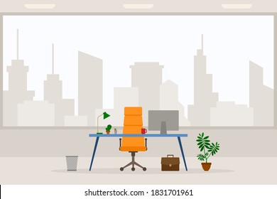 Design Of Modern Empty Office Working Place Front View Vector Illustration. Flat Style Table, Desk, Orange Chair, Computer, Desktop, Lamp, Trash Bin Isolated On Cityscape Silhouette