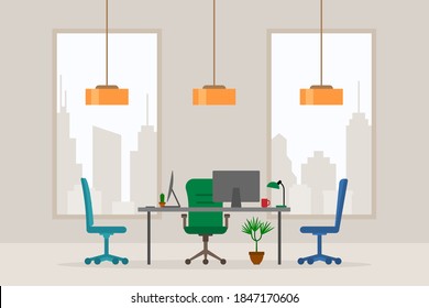Diseño de una moderna ilustración vectorial de vista frontal vacía en el lugar de trabajo de la oficina. Mesa de estilo plano, escritorio, silla verde, ordenador, escritorio, planta, lámpara aislada en la silueta del paisaje urbano