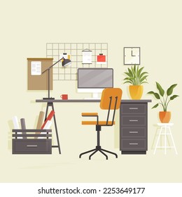 Design of modern empty office working place front view desk, chair, computer, desktop, plant, lamp, monitor. Coworking space interior. Workplace of employees, open office. Work table with wheelchair