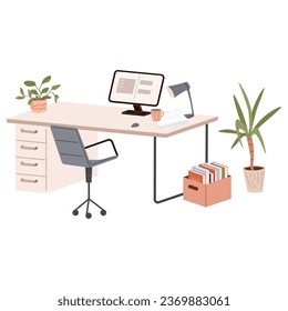 Design of modern empty office working place front view desk, chair, computer, plants in pot. Coworking space interior. Workplace of employees, open office. Work table with monitor isolated on white