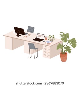 Design of modern empty office working place front view desk, chair, computer, plants in pot. Coworking space interior. Workplace of employees, open office. Work table with monitor isolated on white