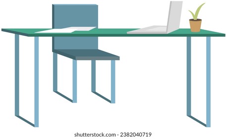 Diseño de oficinas vacías modernas de recepción, silla, computadora, planta en olla. El interior del espacio de coworking. Lugar de trabajo de los empleados, oficina abierta. Tabla de trabajo con monitor aislado en blanco