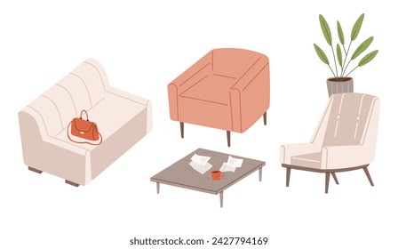 Design of modern empty office working place desk, chair, plants in pot. Coworking space interior scenes set. Workplace of employees, open office. Work table with interior elements