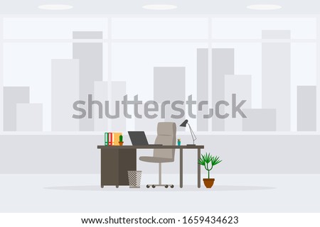Design of modern empty office working place 3/4 side view vector illustration. Table, desk, chair, computer, laptop, stationery folder, plant, lamp, trash bin isolated