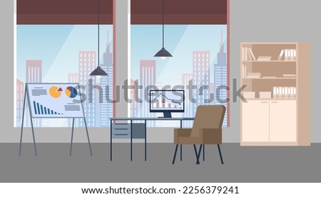 Design of modern empty office working place front view desk, chair, computer, bookcase, panoramic window. Coworking space interior. Workplace of employees, open office, meeting room, boss office