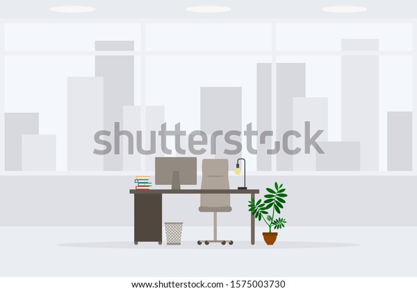 現代的な空のオフィス作業場の正面図のベクターイラストのデザイン 都市の風景 に並べられたテーブル 机 椅子 コンピュータ デスクトップ 本 植物 ランプ ごみ箱 のベクター画像素材 ロイヤリティフリー