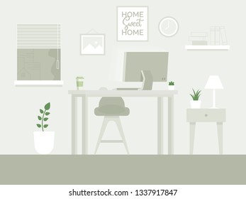Design of modern home office designer workplace. Creative office workspace. Modern graphic office room interior with furniture, Table, chair, Computer. Flat style vector illustration - Vector