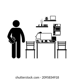 Design of modern home office working place vector illustration icon set. Stick figure and table, desk, chair, computer, desktop, lamp isolated on white