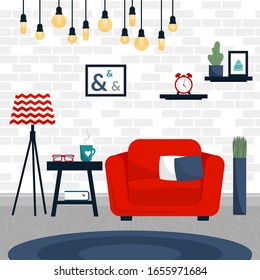 Design of modern interior of living room with brick wall. Room with different accessories.