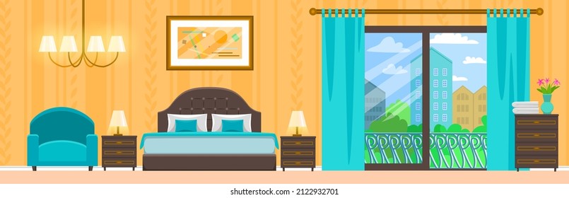 Design of modern living or hotel room. Home with comfortable furniture, sofa and armchair, panoramic window with view on buildings in city. Empty area for recreation, cozy hotel room interior