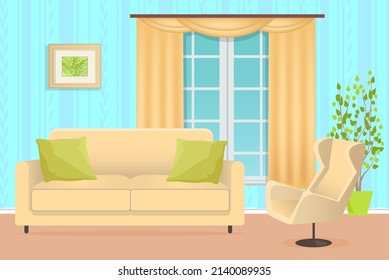 Design of modern living or hotel room. Home with comfortable furniture, sofa and armchair, panoramic window with view on buildings in city. Empty area for recreation, cozy hotel room interior