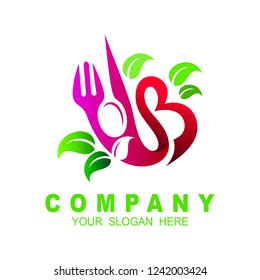 Design modern logos for business. Vector illustration logo healthy food. Green leaf and cutlery, Spoon, fork, and knife. Logo letter b