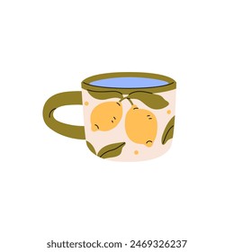 Design of modern mug for water, tea, coffee. Small ceramic cup with pattern of lemons, green leaves. Cute pottery teacup of hot drinks, beverages. Flat isolated vector illustration on white background